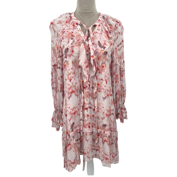 All Saints Ava Momo Dress Floral Print Long Sleeve Ruffle - Pink - US Size 4 - Picture 4 of 13